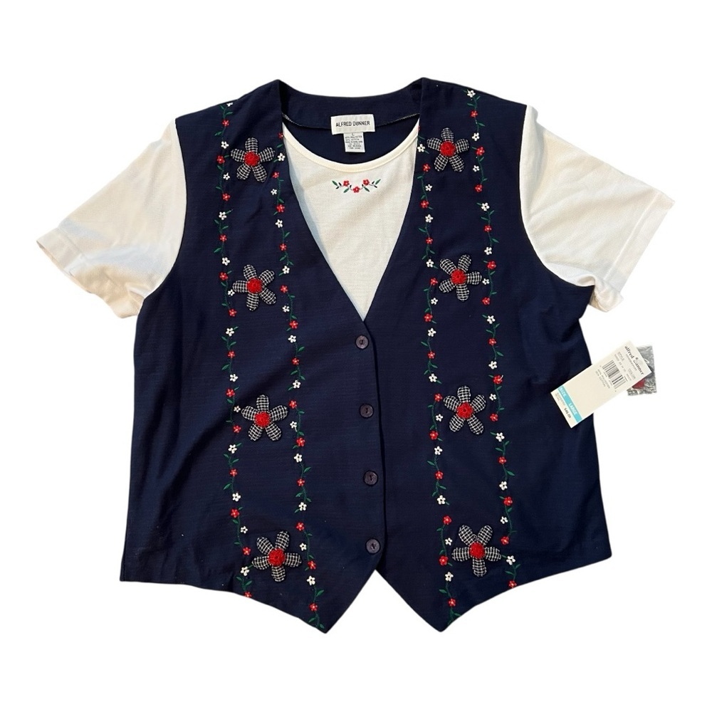 NWT Alfred Dunner Navy Embroidered Floral Vest with White Short-Sleeve Tee- L